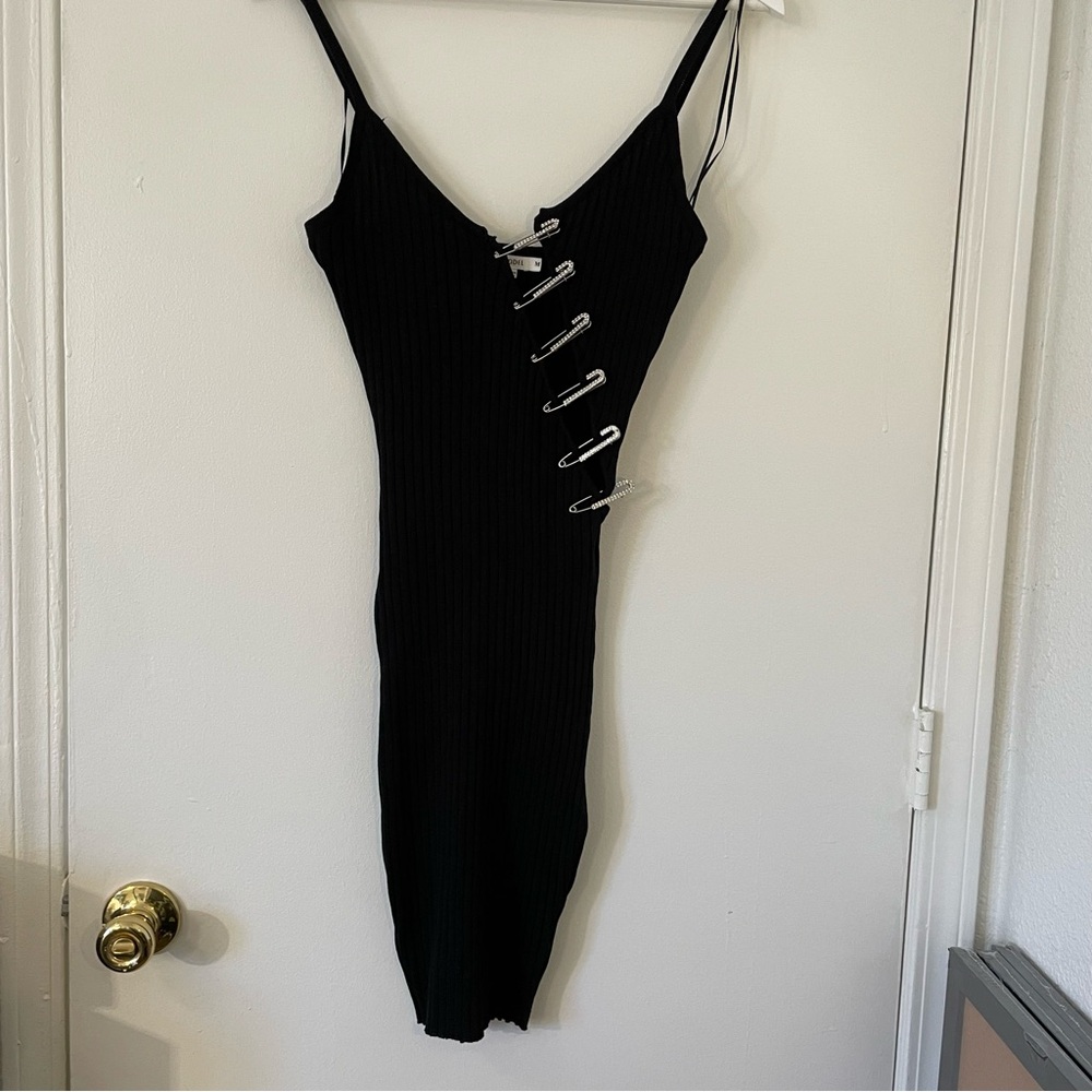 Chic Black Midi Dress with Safety Pin Accents
